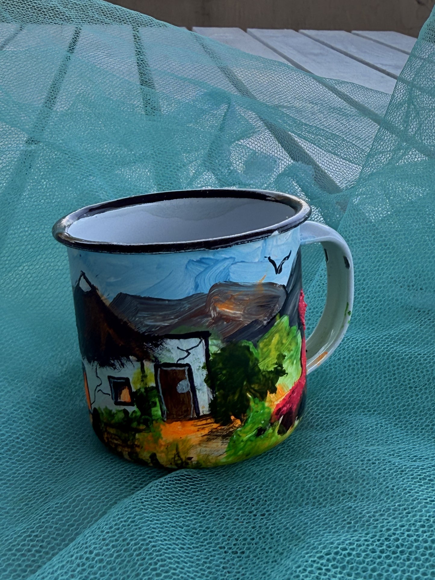 Painted tin mug set (2) - Rural scene