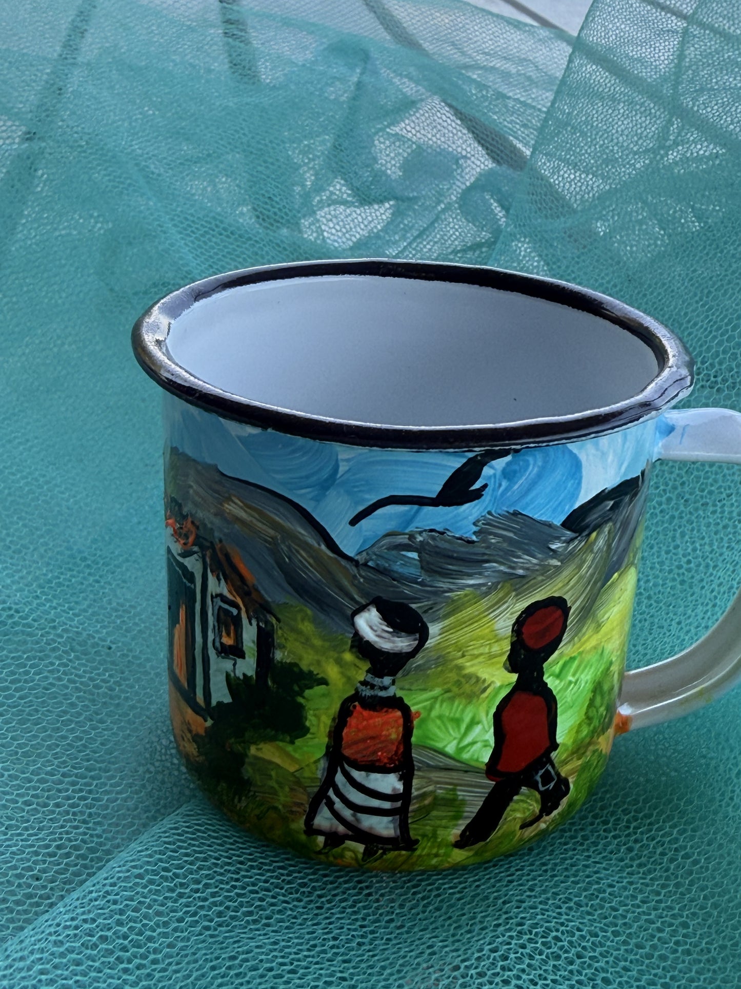 Painted tin mug set (2) - Rural scene